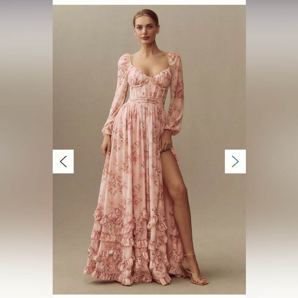 V. Chapman Carmella Long-Sleeve Corset Side-Slit Chiffon Maxi Dress